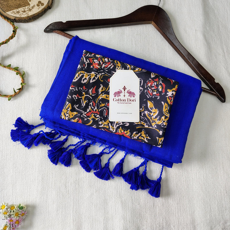 Classic Royal Blue Handloom Cotton Saree With Designer Printed Blouse