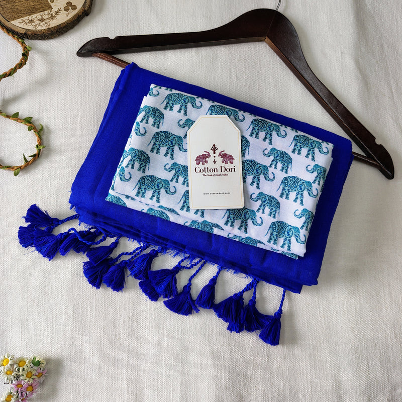 Traditional Royal Blue Handloom Saree with Elephant Designer Printed Blouse
