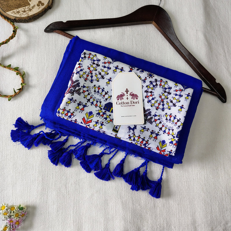 Traditional Handloom Cotton Saree –  Blue  Handloom Cotton Saree With Designer Printed  Blouse