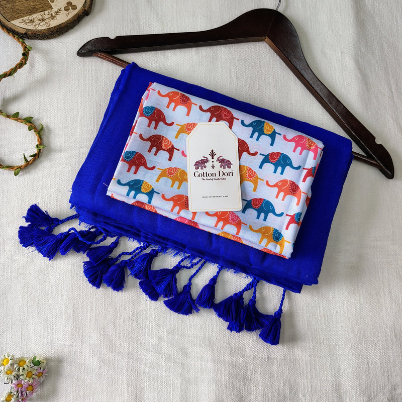 Classic Navy Blue Handloom Cotton Saree - Handloom Cotton Saree with Elephant Printed Blouse