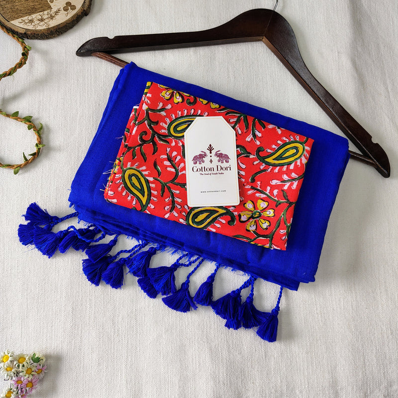Traditional Royal Blue Handloom Cotton Saree with Flower Printed Blouse