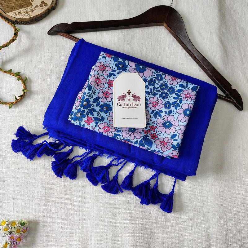 Classic Handloom Cotton Saree - Royal Blue Handloom Cotton Saree With Flower Printed Blouse
