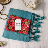 Soft Turquoise Blue Handloom Cotton Saree -  Handloom Cotton Saree with Artistic Printed Blouse