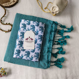 Pure Handloom Cotton Saree - Turquoise Blue Handloom Cotton Saree With Elephant Printed Blouse