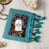 Soft Turquoise Blue  Handloom Cotton Saree With Flower Printed  Blouse
