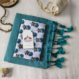 Elegant Handloom Cotton Saree - Turquoise Blue Handloom Cotton Saree With Flower Printed Blouse