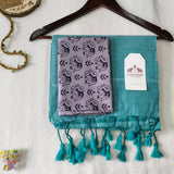 Soft Turquoise Blue Handloom Cotton Saree Elephant Printed Blouse