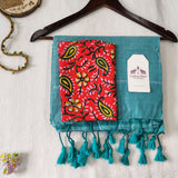 Soft Turquoise Blue Handloom Cotton Saree -  Handloom Cotton Saree with Artistic Printed Blouse