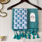 Pure Handloom Cotton Saree - Turquoise Blue Handloom Cotton Saree With Elephant Printed Blouse