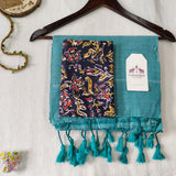 Soft Turquoise Blue  Handloom Cotton Saree With Flower Printed  Blouse