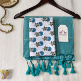 Elegant Handloom Cotton Saree - Turquoise Blue Handloom Cotton Saree With Flower Printed Blouse