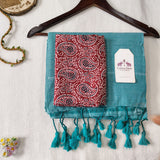 Elegant Turquoise blue Handloom Cotton Saree with Designer Printed Blouse