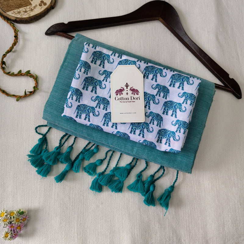 Pure Handloom Cotton Saree - Turquoise Blue Handloom Cotton Saree With Elephant Printed Blouse