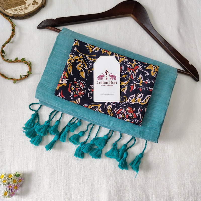 Soft Turquoise Blue  Handloom Cotton Saree With Flower Printed  Blouse