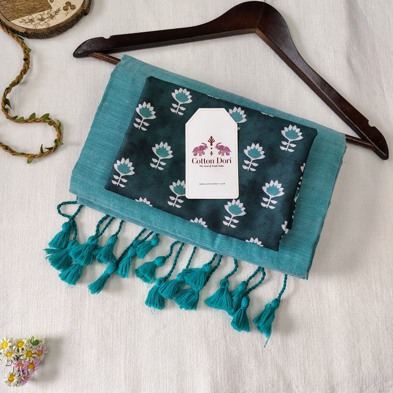 Premium Handloom Cotton Saree – Turquoise Blue Handloom Cotton Saree with Designer Blouse