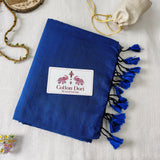 Premium Rama Blue Handloom Cotton Saree - Handloom Cotton Saree With Flower Printed Blouse