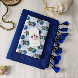 Premium Rama Blue Handloom Cotton Saree - Handloom Cotton Saree With Flower Printed Blouse