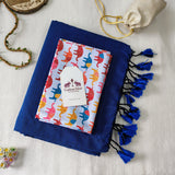 Classic Handloom Cotton Saree - Navy Blue Handloom Cotton Saree With Elephant Printed Blouse