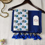 Premium Rama Blue Handloom Cotton Saree - Handloom Cotton Saree With Flower Printed Blouse