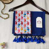 Classic Handloom Cotton Saree - Navy Blue Handloom Cotton Saree With Elephant Printed Blouse