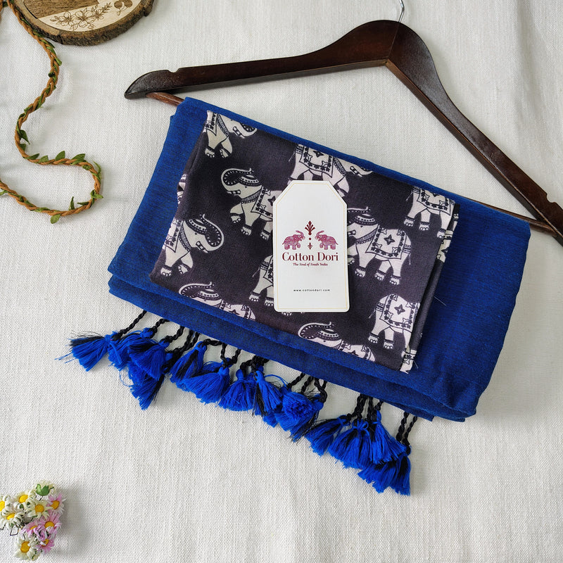 Elegant Handloom Cotton Saree -  Blue Cotton Saree with Designer Printed Blouse