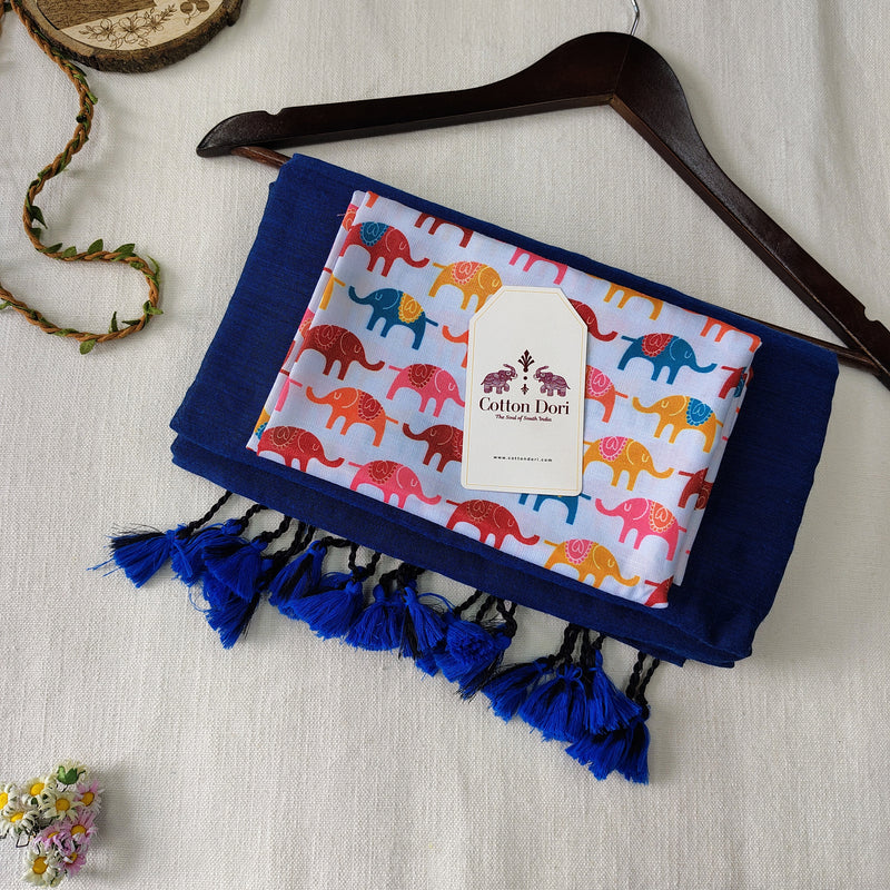 Classic Handloom Cotton Saree - Navy Blue Handloom Cotton Saree With Elephant Printed Blouse