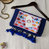 Classic Handloom Cotton Saree - Navy Blue Handloom Cotton Saree With Elephant Printed Blouse