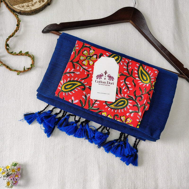 Graceful Handloom Cotton Saree – Royal Blue Handloom Cotton Saree with Floral Designer Blouse