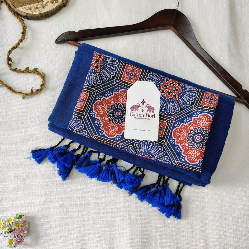 Traditional Navy Blue Handloom Cotton Saree with Designer Printed Blouse