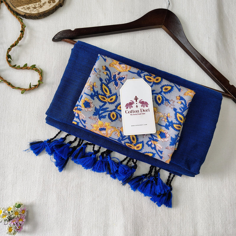 Heritage Navy Blue Handloom Cotton Saree with Designer Printed Blouse