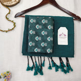 Graceful Handloom Cotton Saree -  Deep Green Cotton Saree with Flower Designer Blouse