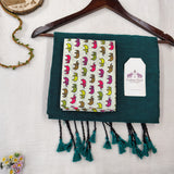 Traditional Dark Green Handloom Cotton Saree with Elephant printed Blouse