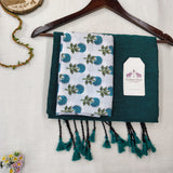 Elegant Handloom Cotton Saree - Royal Green Handloom Cotton Saree With Flower Printed Blouse