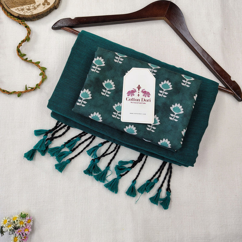 Graceful Handloom Cotton Saree -  Deep Green Cotton Saree with Flower Designer Blouse