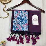Graceful Wine Handloom Cotton Saree with Flower Printed Blouse
