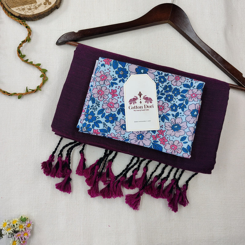 Graceful Wine Handloom Cotton Saree with Flower Printed Blouse