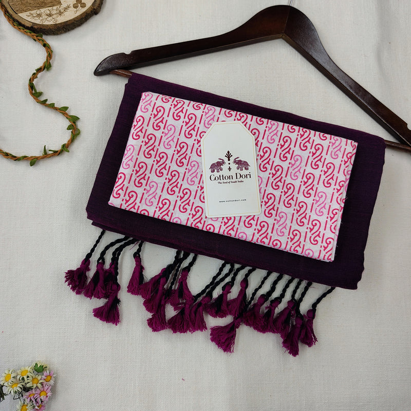Traditional Wine Handloom Cotton Saree with Designer  Floral Printed Blouse