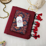Pure Cotton Maroon Handloom Cotton Saree with Floral Designer Printed Blouse