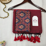 Pure Cotton Maroon Handloom Cotton Saree with Floral Designer Printed Blouse