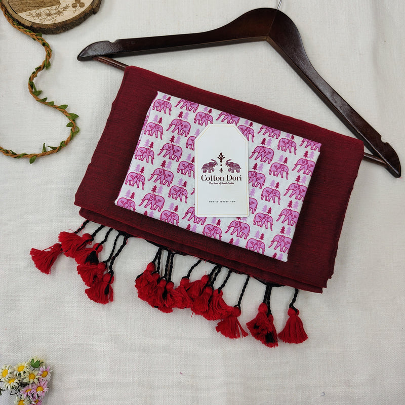 Graceful Handloom Cotton Saree – Maroon Cotton Saree with Elegant Designer Blouse