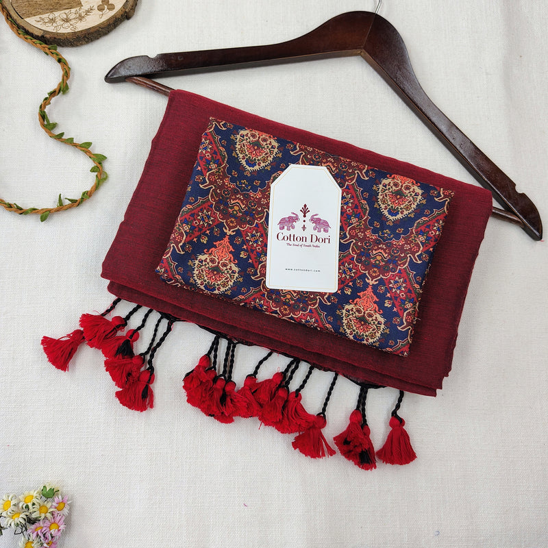 Pure Cotton Maroon Handloom Cotton Saree with Floral Designer Printed Blouse