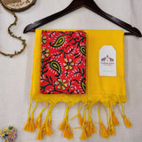 Traditional Handloom Cotton Saree -  Yellow Handloom Cotton Saree with Flower Printed Blouse