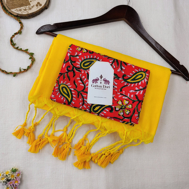 Traditional Handloom Cotton Saree -  Yellow Handloom Cotton Saree with Flower Printed Blouse