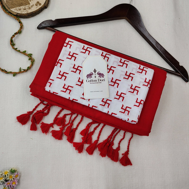 Premium Red Cotton Handloom Saree - Cotton Handloom Saree with Printed Blouse
