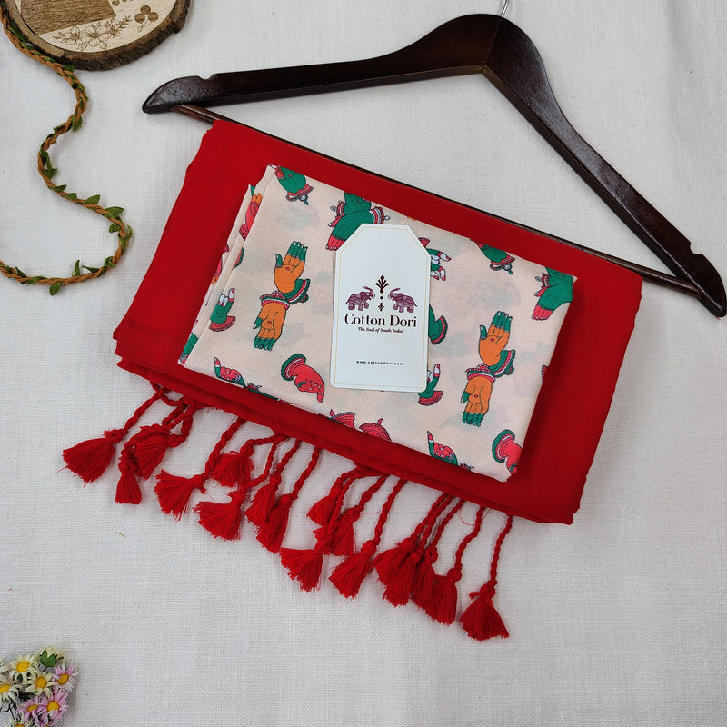 Graceful Handloom Cotton Saree - Red Handloom Cotton Saree With Printed Blouse