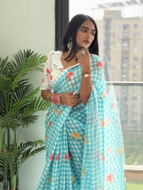 Elegant Aqua Green Linen Cotton Checks Saree with Delicate Rose Motifs & White Floral Blouse