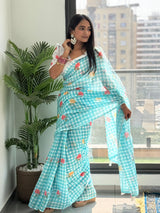 Elegant Aqua Green Linen Cotton Checks Saree with Delicate Rose Motifs & White Floral Blouse