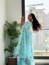 Elegant Aqua Green Linen Cotton Checks Saree with Delicate Rose Motifs & White Floral Blouse