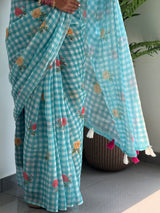 Elegant Aqua Green Linen Cotton Checks Saree with Delicate Rose Motifs & White Floral Blouse
