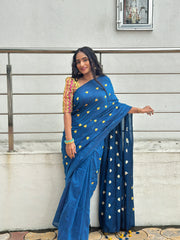 Rama Blue Gorgeous cotton embroidered handloom saree with Pink printed blouse